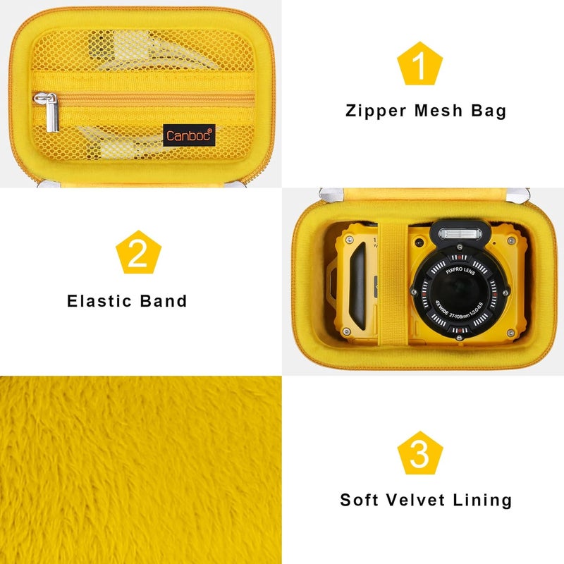 Canboc حقيبة حمل لكاميرا كوداك PIXPRO WPZ2 الرقمية المقاومة للماء، جيب شبكي يناسب كابل USB، أصفر (حقيبة فقط) - Image 5